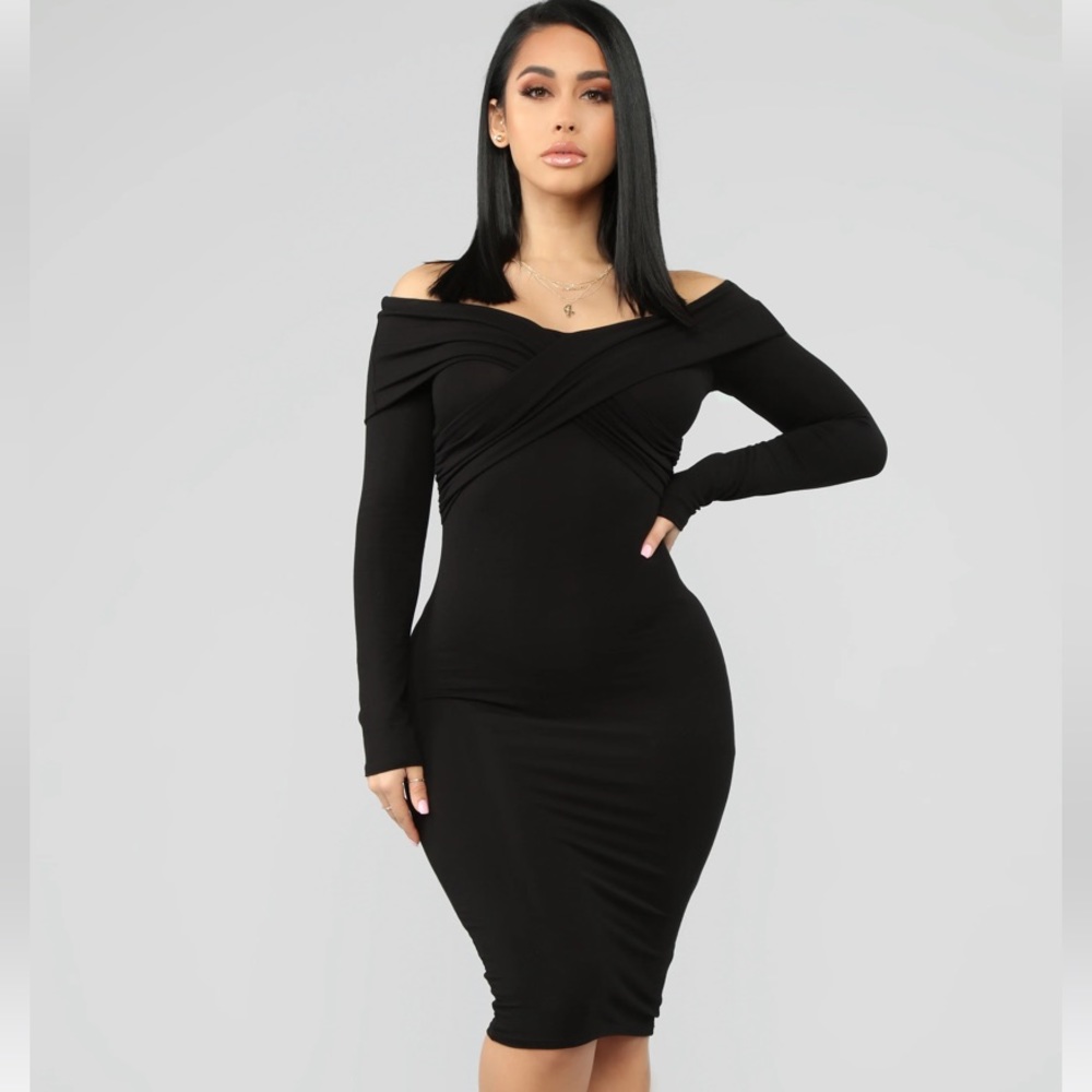 Off the Shoulder Midi Black Dress